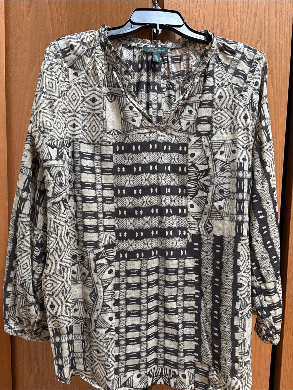 Lauren Jeans Black & Cream Printed V-Neck Peasant Blouse